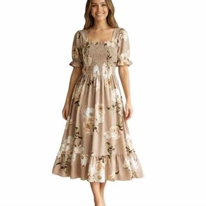 NWT Floral Beige Summer Dress Smocked Bodice Short Sleeves Fits Sizes XS-M